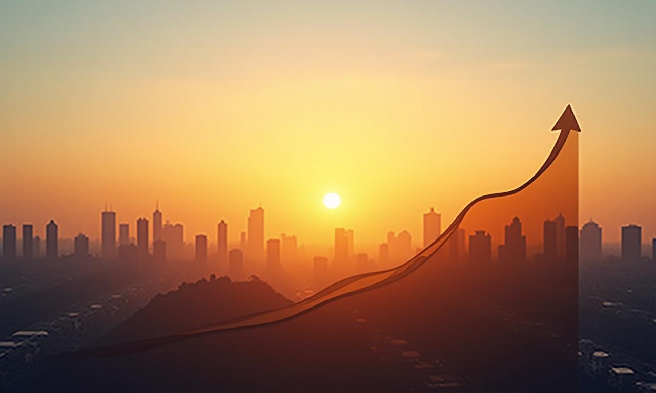 夕阳下的城市天际线与稳健上升的财务曲线